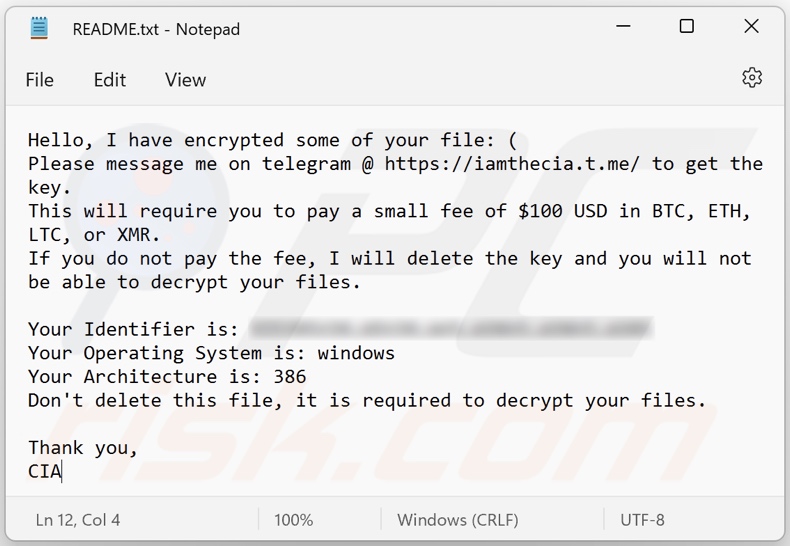 Outra variante da nota de resgate do ransomware CIA (README.txt)