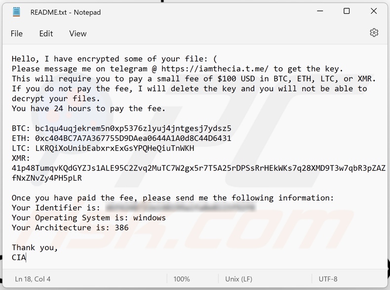 Nota de resgate do ransomware CIA (README.txt)