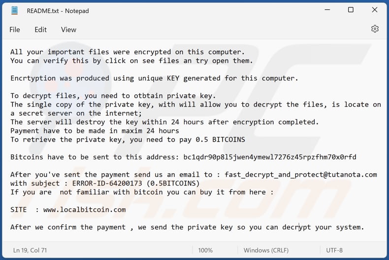 Ficheiro de texto do ransomware CryWiper (README.txt)