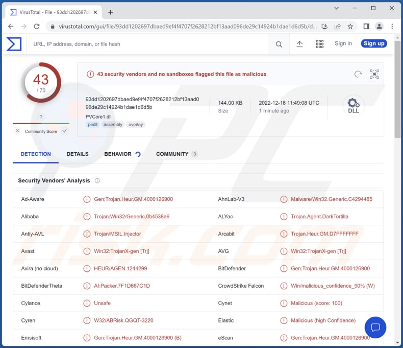 Malware DarkTortilla detectado no VirusTotal