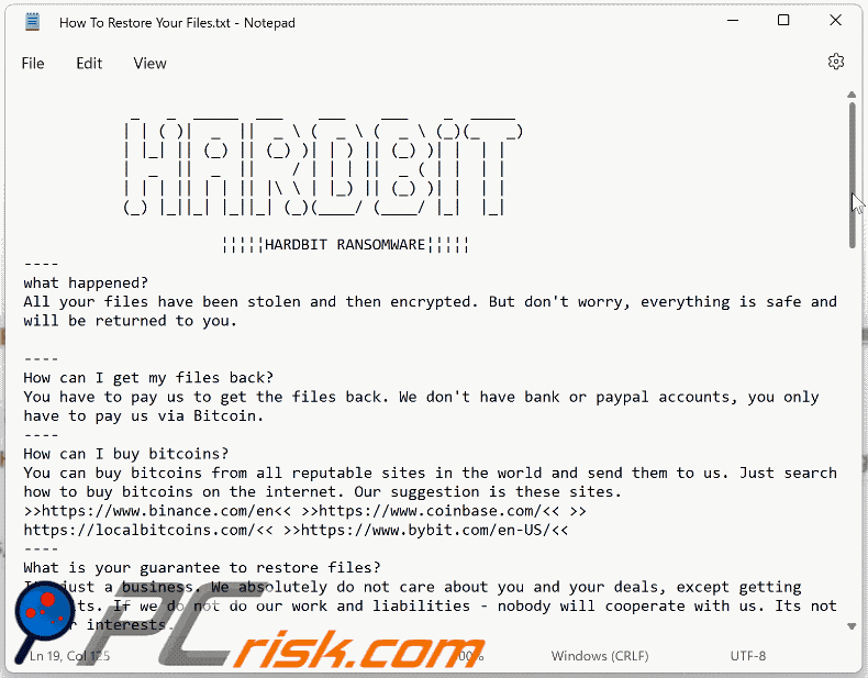 Aparência do ficheiro de texto do ransomware HARDBIT 2.0 (How To Restore Your Files.txt) 