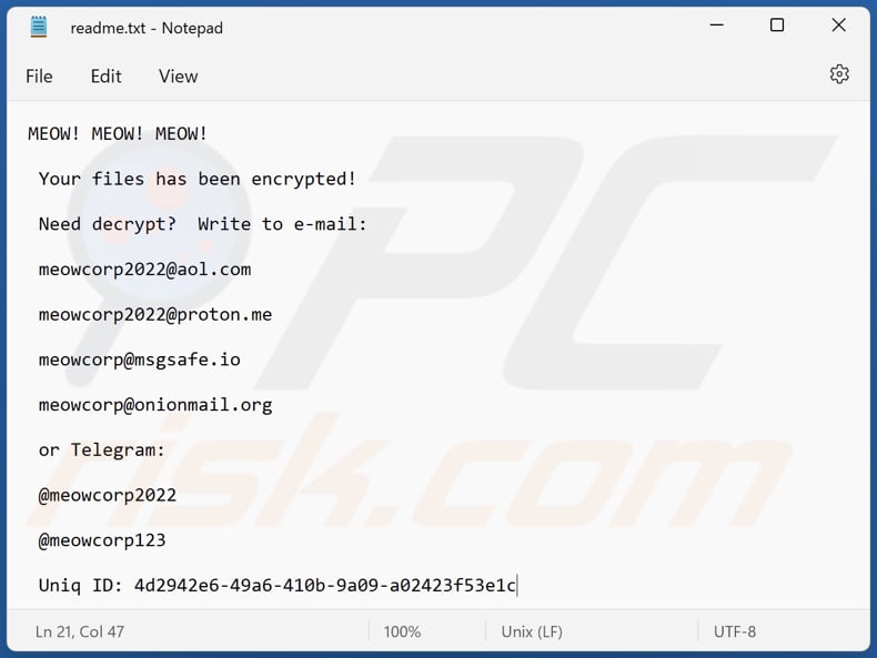 Ficheiro de texto do ransomware MEOW (readme.txt)