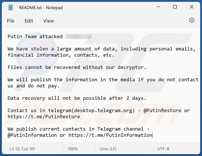 ficheiro de texto do ransomware PUTIN (README.txt)