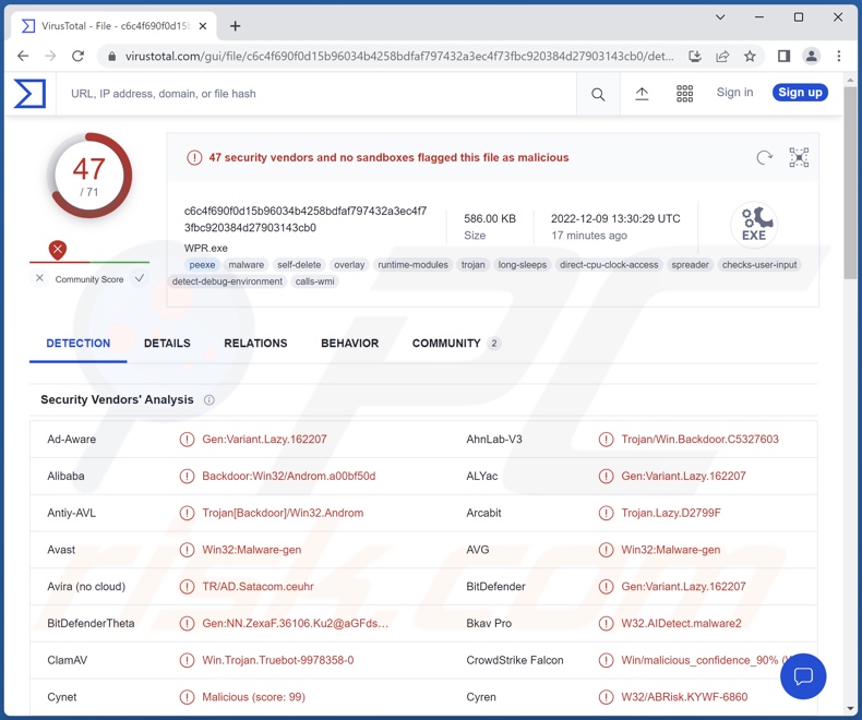 Detecções do malware Truebot em VirusTotal