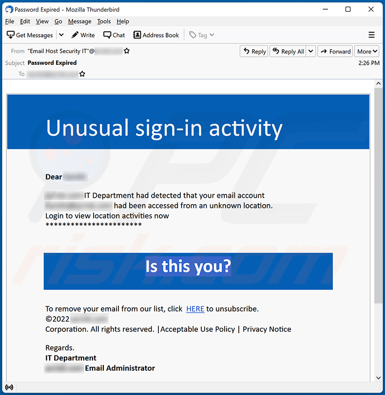 email da fraude Unusual Sign-in Activity (2022-12-29)