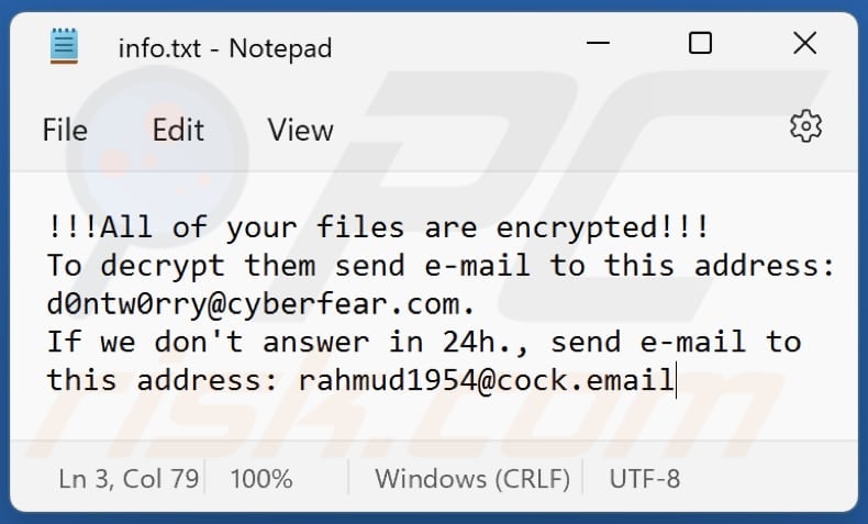 Ficheiro de texto do ransomware Worry (info.txt)