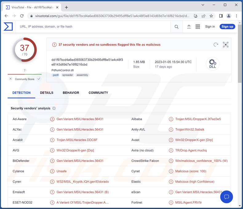 Detecções do malware do Album Stealer em VirusTotal