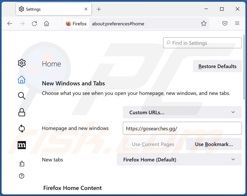 Removendo gosearches.gg ou goodsearchez.com da página inicial do Mozilla Firefox