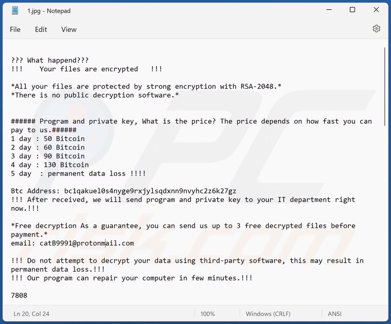 Nota de resgate do ransomware CatB (inserida num ficheiro encriptado)