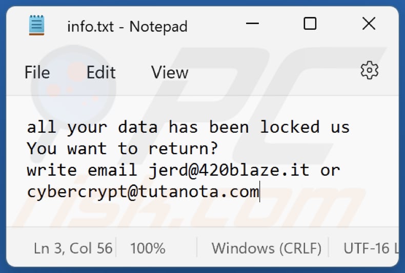 Ficheiro de texto do ransomware de CY3 (info.txt)