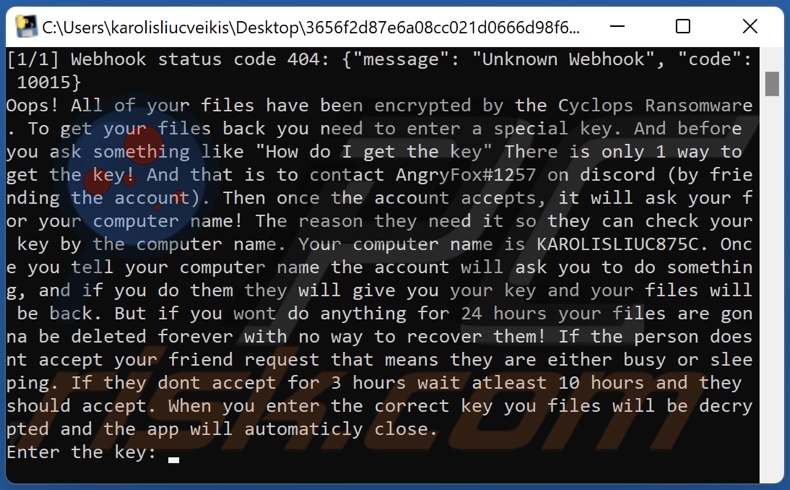 Nota de resgate do ransomware Cyclops (cmd)