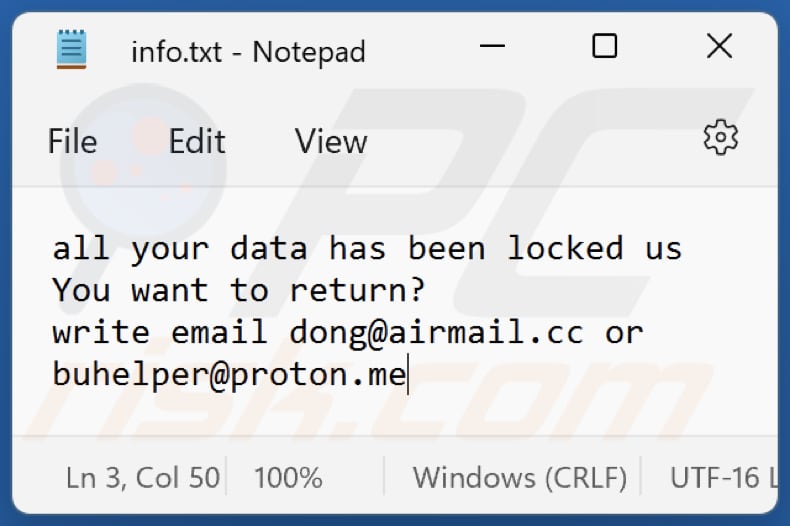 ficheiro de texto do ransomware D0n (info.txt)