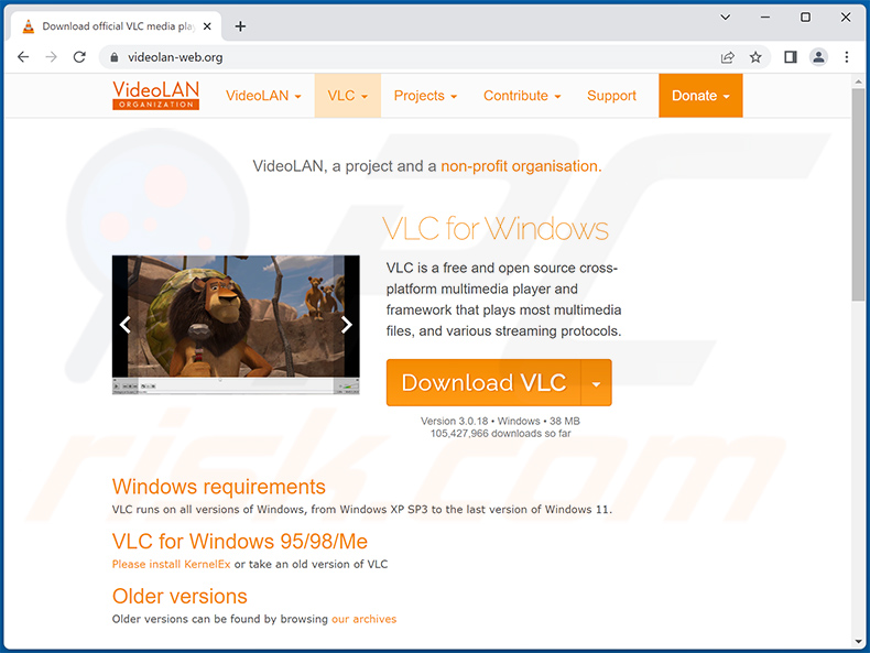 Site de descarregamento do falso VLC Player a espalhar o ladrão Lumma