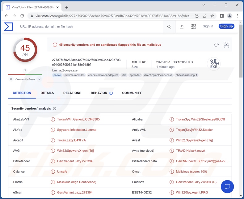 Detecções de malware LummaC2 no VirusTotal