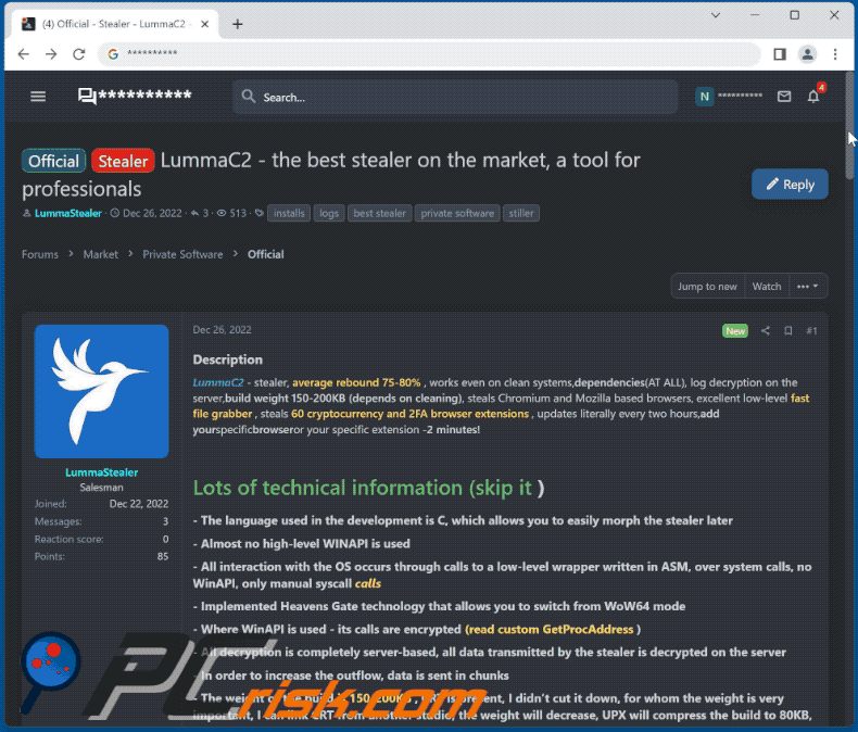 Malware do ladrão LummaC2 promovido em fóruns pirata (GIF)