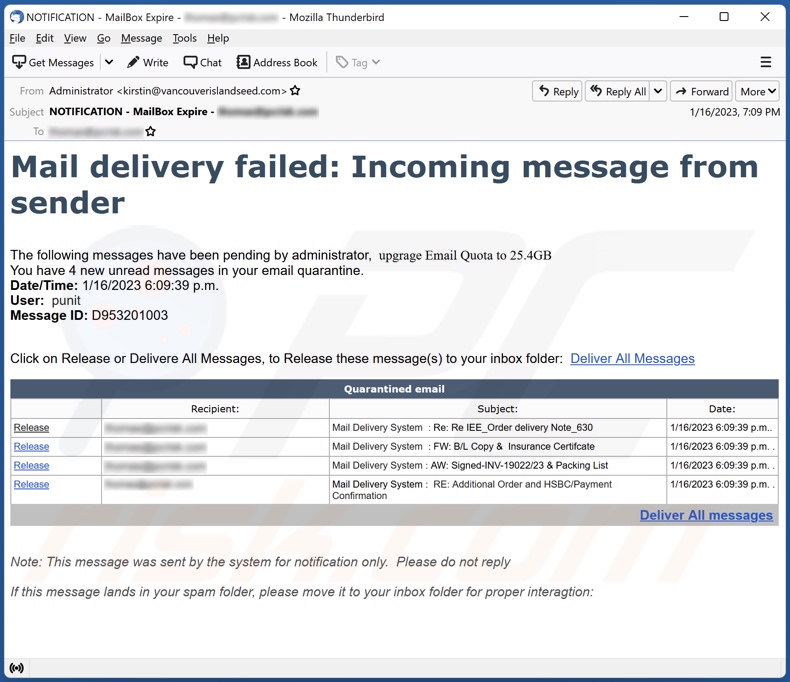 Campanha de spam por email Mail Delivery Failed