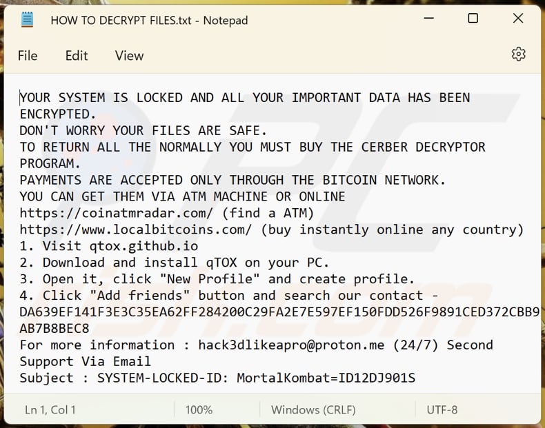 Ficheiro de texto do ransomware MortalKombat (HOW TO DECRYPT FILES.txt)
