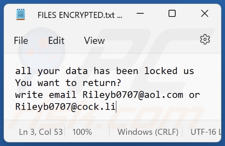 Ficheiro de texto do ransomware Nlb (FILES ENCRYPTED.txt)