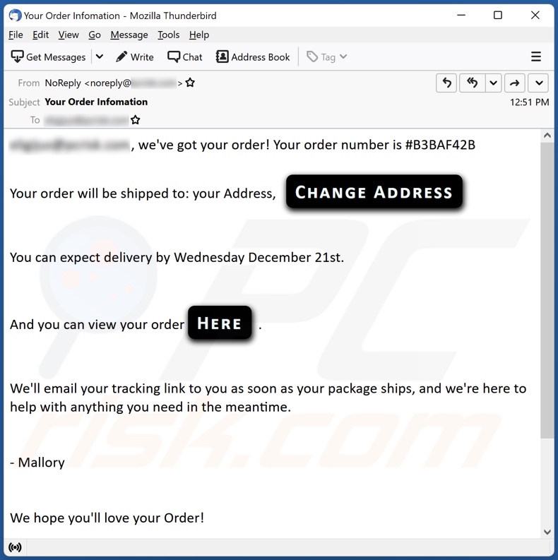 Campanha de email spam Order Information