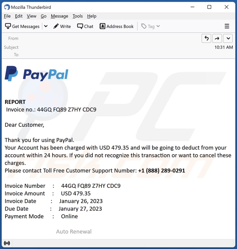 fraude por email de PayPal Account Has Been Charged