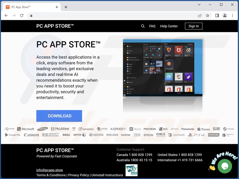 site de promoção do adware PC App Store