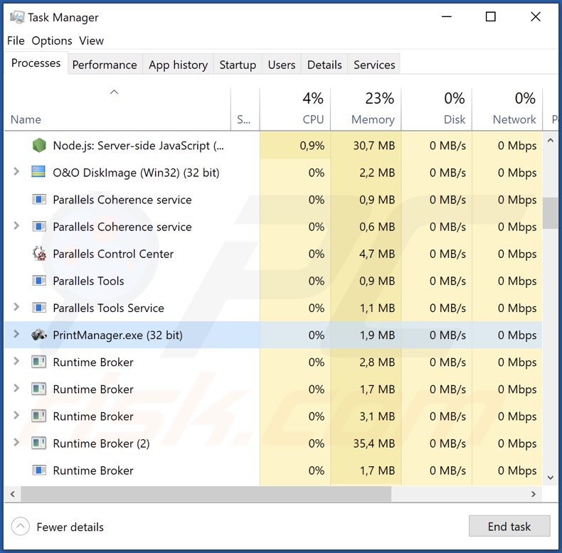 Processo do malware PrintManager no Gestor de Tarefas (PrintManager.exe - nome do processo)