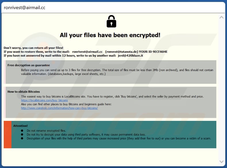 Nota de resgate do ransomware R0n (janela pop-up)