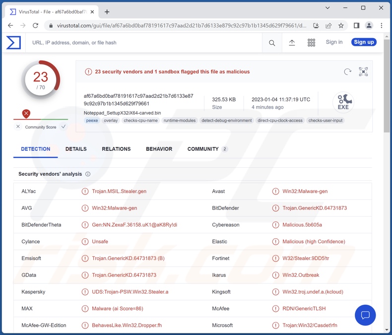 Detecções do malware Rhadamanthys em VirusTotal