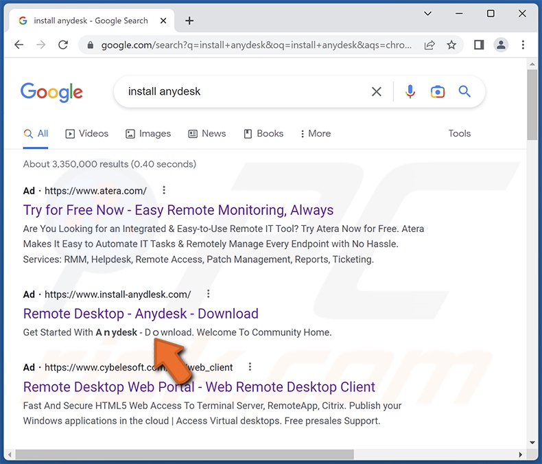 Anúncio do Google que promove um falso site AnyDesk que prolifera o malware ladrão Rhadamanthys