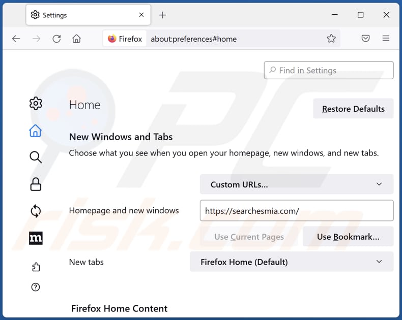 Remoção de searchesmia.com da página inicial do Mozilla Firefox