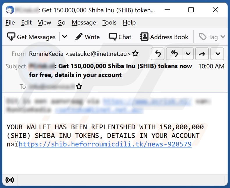 pop-up da fraude ShibaInu AirDrop a promover o email