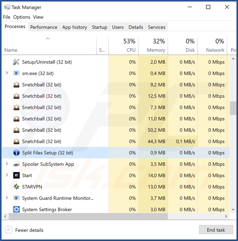 Processo do adware Split Files no Gestor de Tarefas ( Configuração de Split Files - nome do processo)