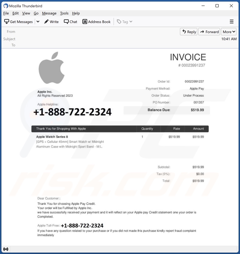 campanha de spam por email de Thank You For Shopping With Apple 