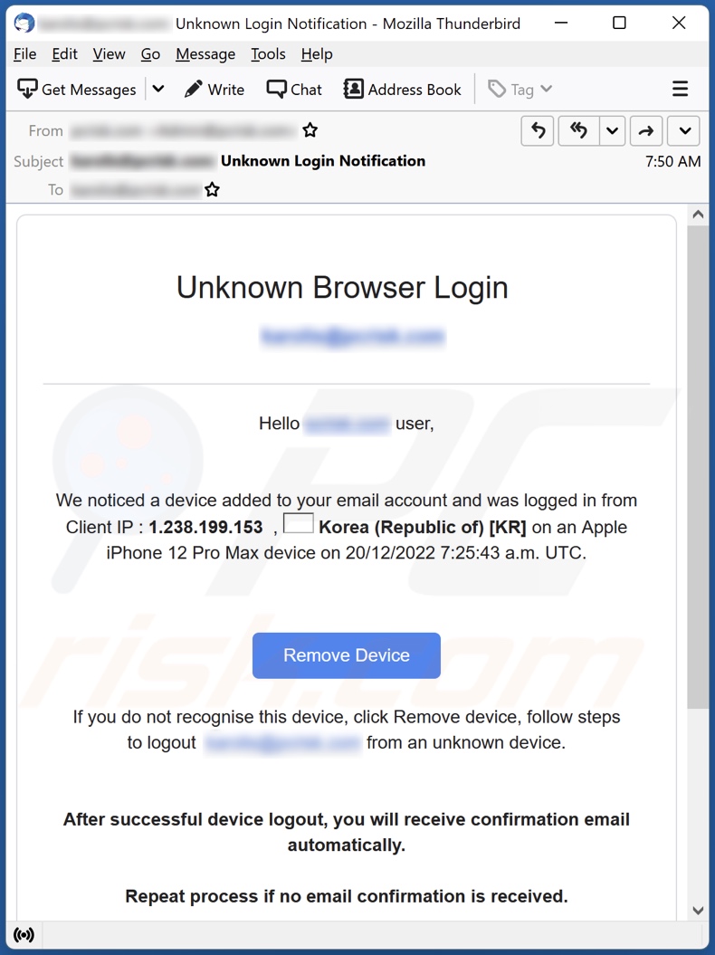 Campanha de spam por email de Unknown Browser Login