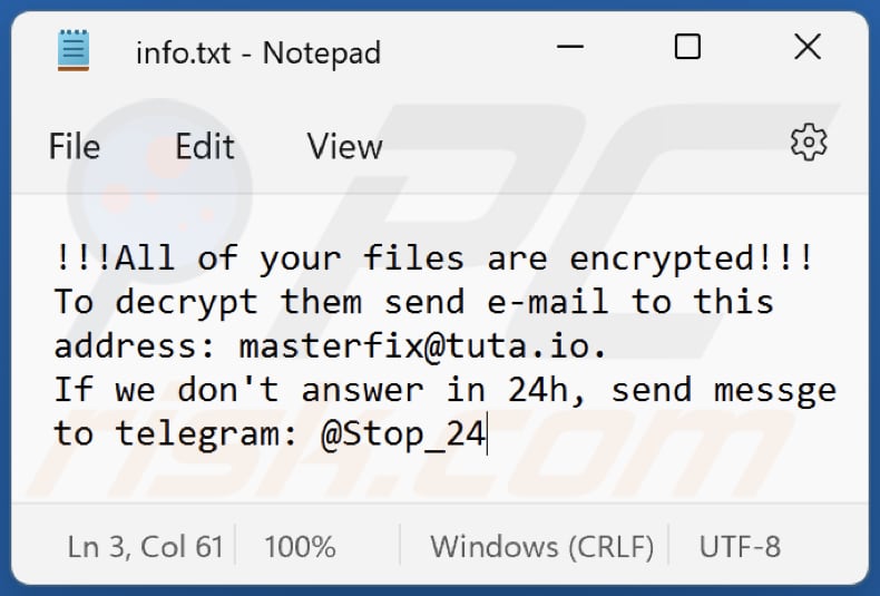 Ficheiro de texto do ransomware Unknown (info.txt)