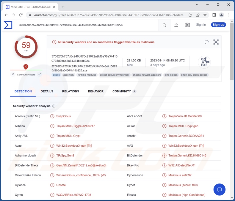 Detecções do malware Vagus em VirusTotal