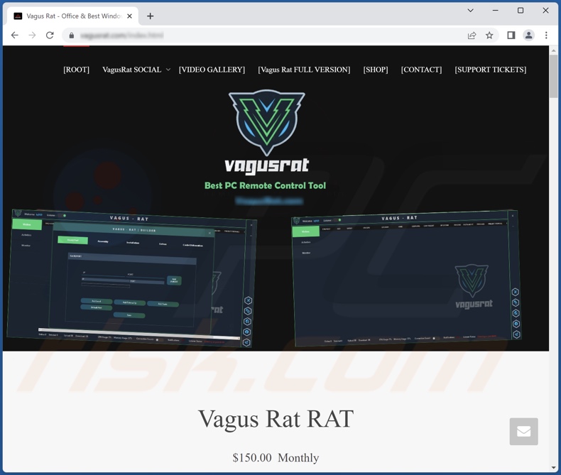 Site de promoção do trojan de acesso remoto Vagus