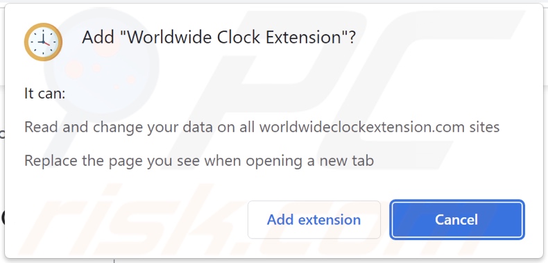 sequestrador de navegador Worldwide Clock Extension a pedir permissões