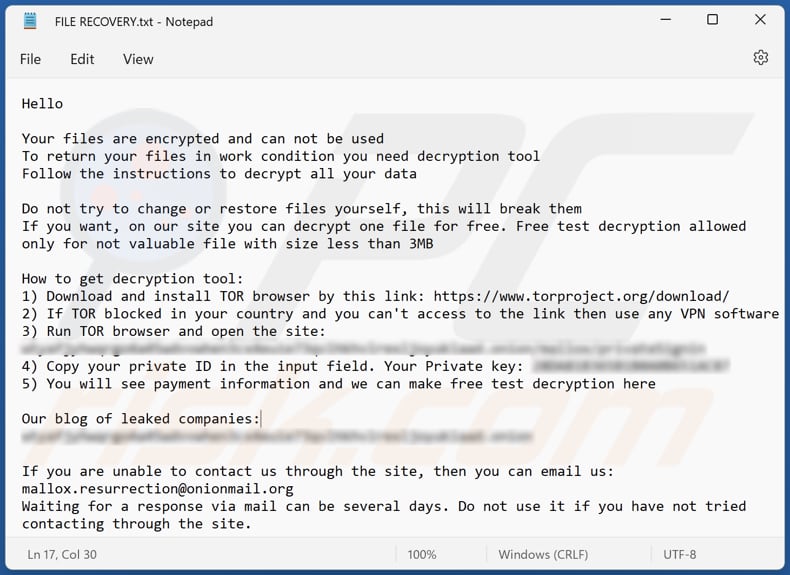 Ficheiro de texto do ransomware Xollam (FILE RECOVERY.txt)