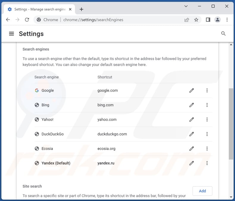 Remover yandex.ru do motor de busca predefinido do Google Chrome