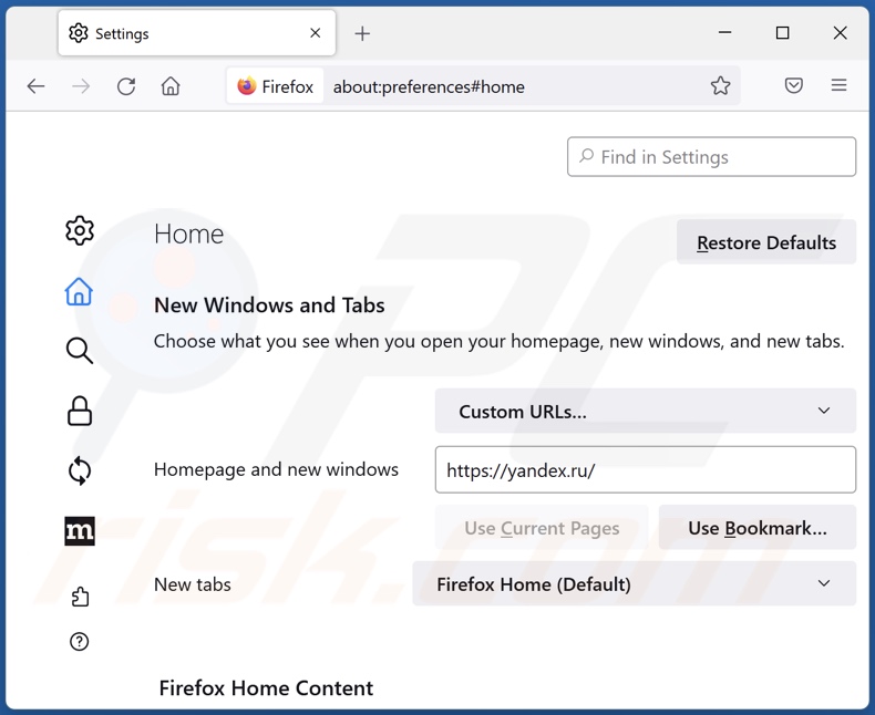 Removendo yandex.ru da página inicial do Mozilla Firefox