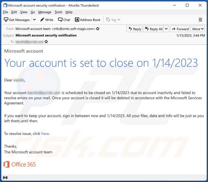 campanha de spam por email Your Account Is Set To Close