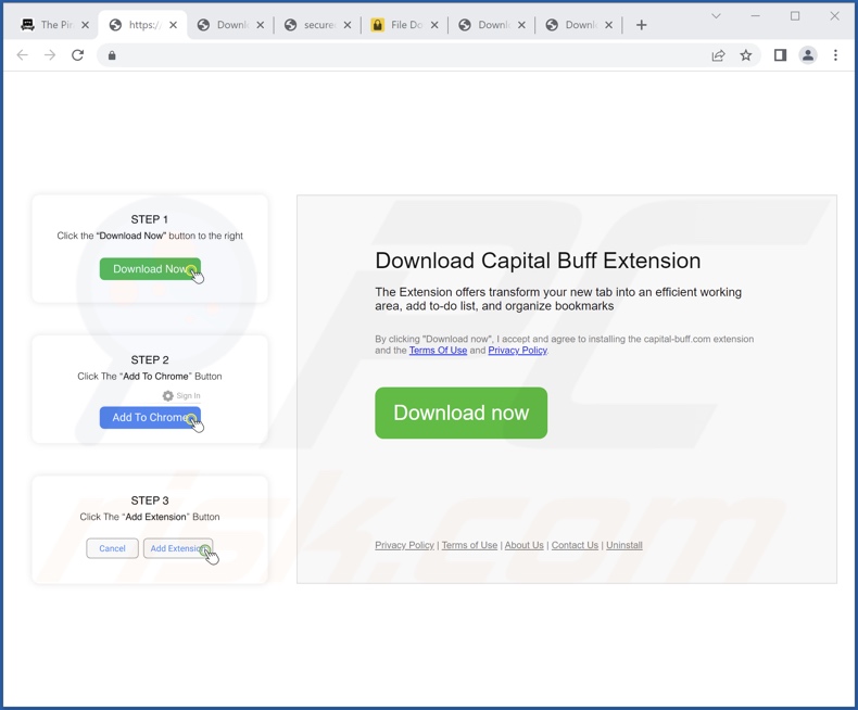 Site utilizado para promover o sequestrador de navegador Capital Buff (exemplo 1)