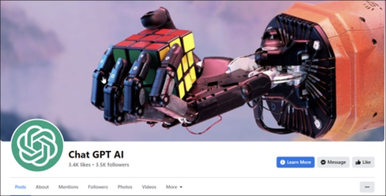 Página do Facebook do falso ChatGPT a promover malware