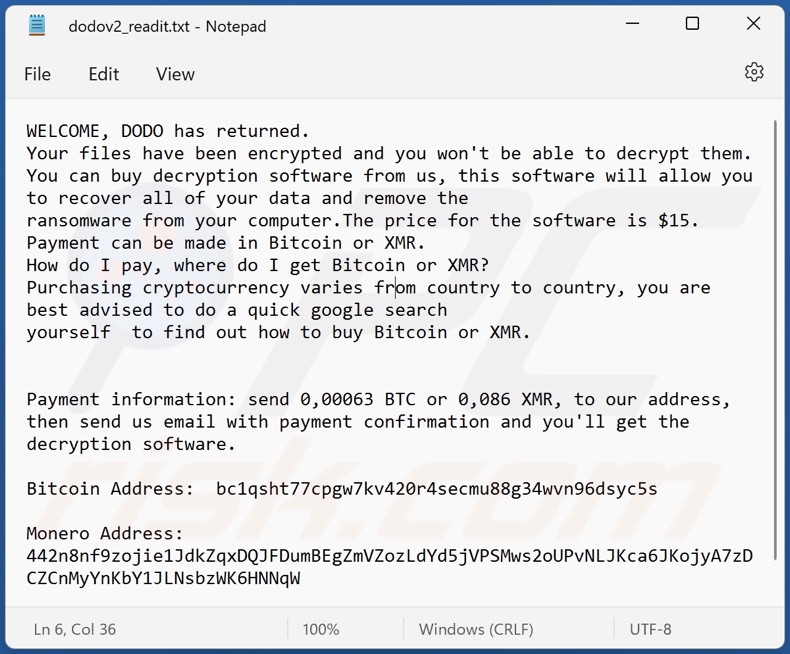 Nota de resgate do ransomware DODO (dodov2_readit.txt)