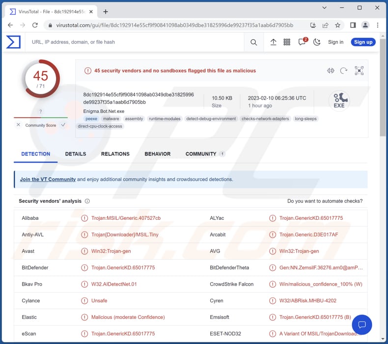 Detecções do malware Enigma no VirusTotal