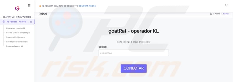 painel de administração do malware goatRat 