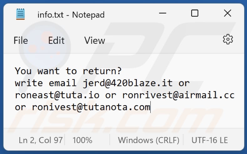 Ficheiro de texto do ransomware Jron (info.txt)