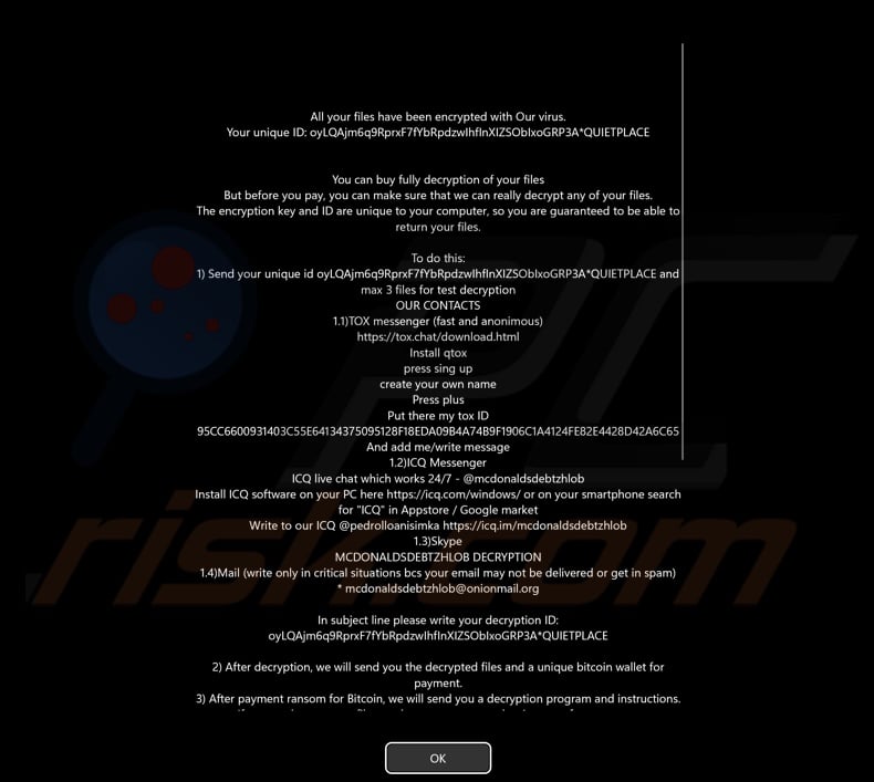 Nota de resgate do ransomware Mimic (ecrã apresentado antes do início de sessão)