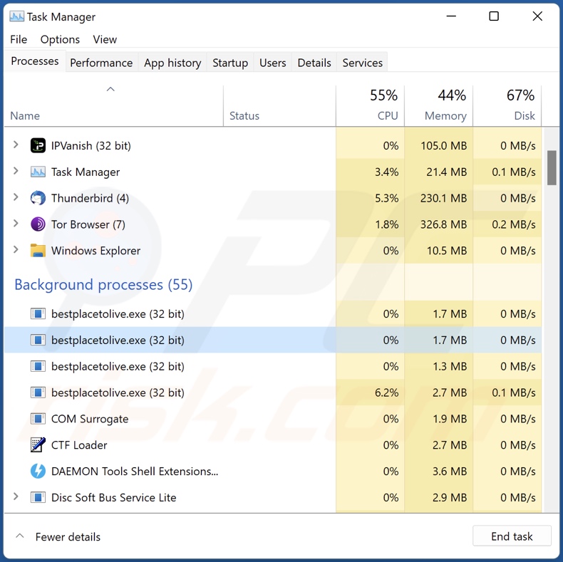 Processo de resgate do ransomware Mimic no Gestor de Tarefas (bestplacetolive.exe - nome do processo)